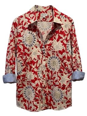 Chap’s No Iron Size 1x Red White Blue Floral Print 100% Cotton 3/4 Sleeves Shirt